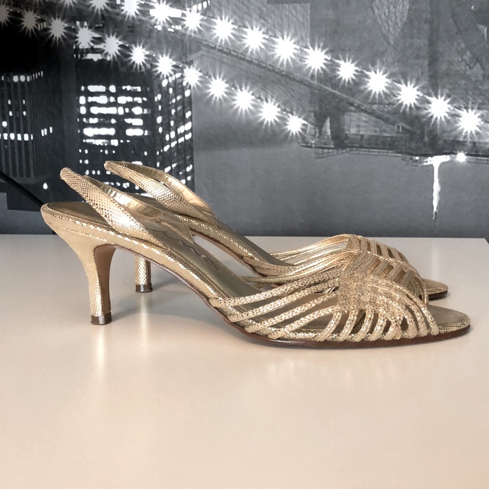 NINA Strappy Open Toe Slingback Low Heels Shoes Glam Gold Glitter Leather 9 EC